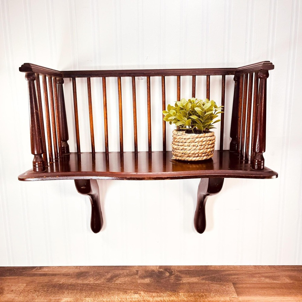 Rare‎ Vintage Fiddle Rail Shelf: Mahogany Wooden Book Rack